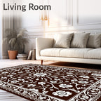Dark Brown White Floral Medallion Scroll Rug
