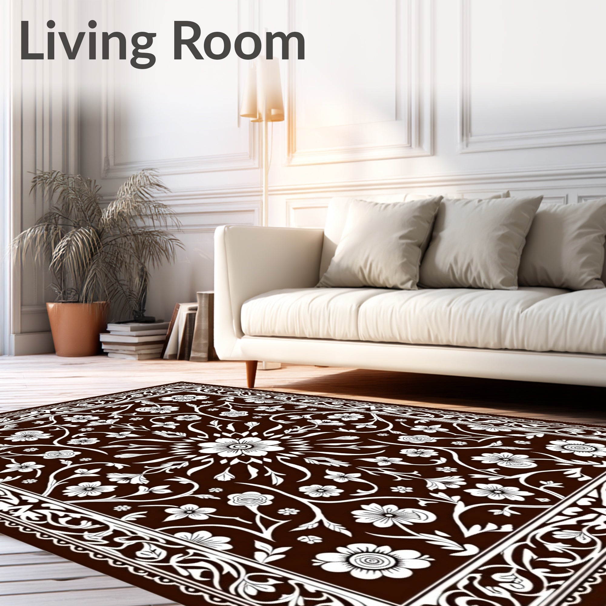 Dark Brown White Floral Medallion Scroll Rug