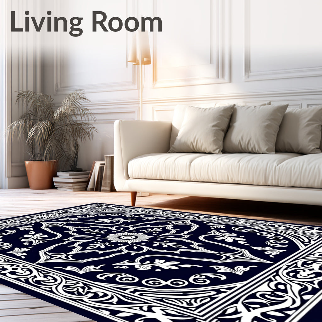 Classic Navy White Floral Medallion Rug