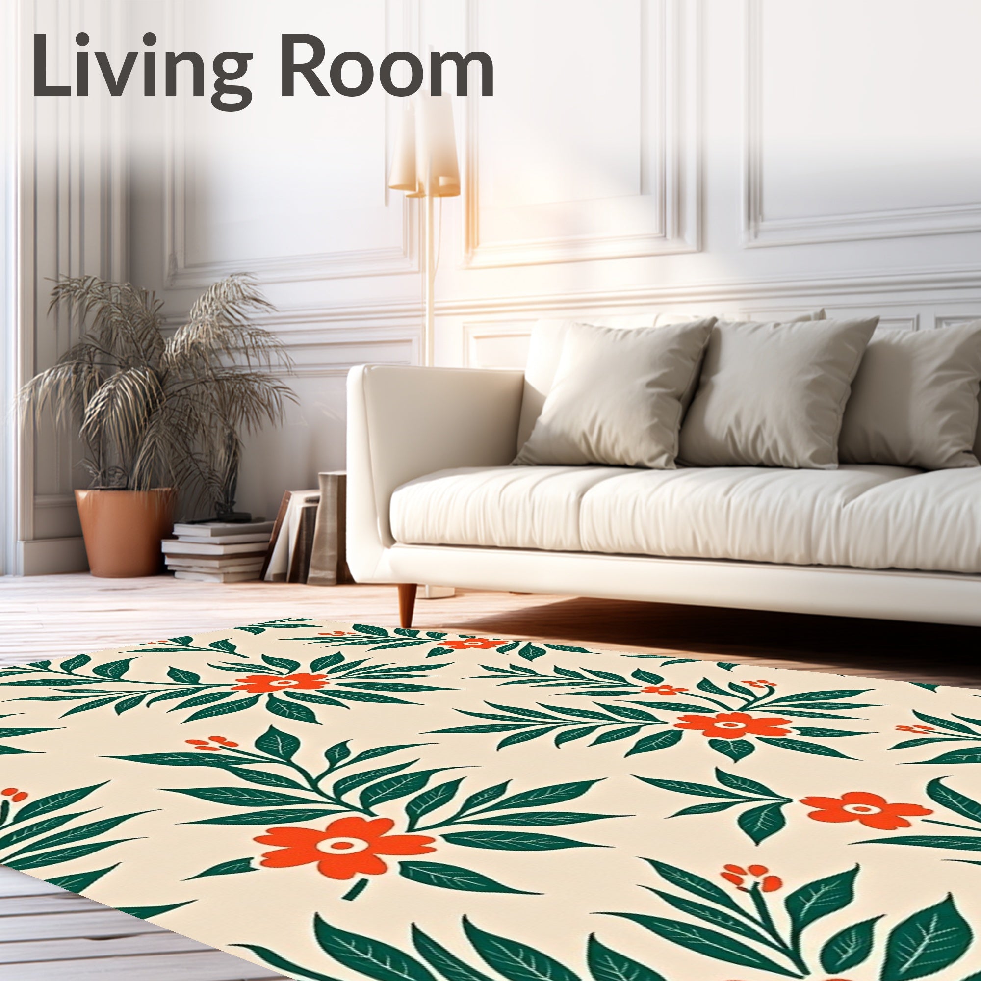 Whimsical Orange Floral Green Leaf Rug
