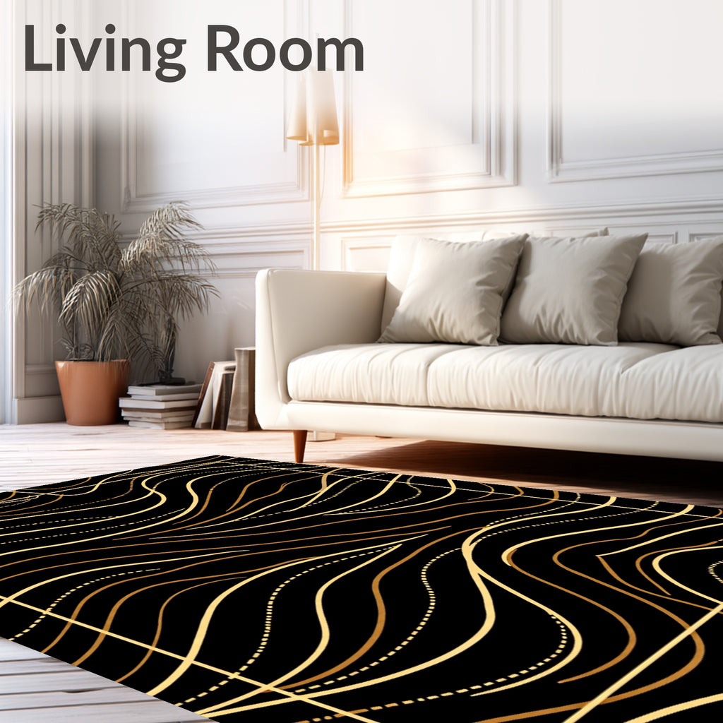 Golden Wavy Lines Abstract Rug