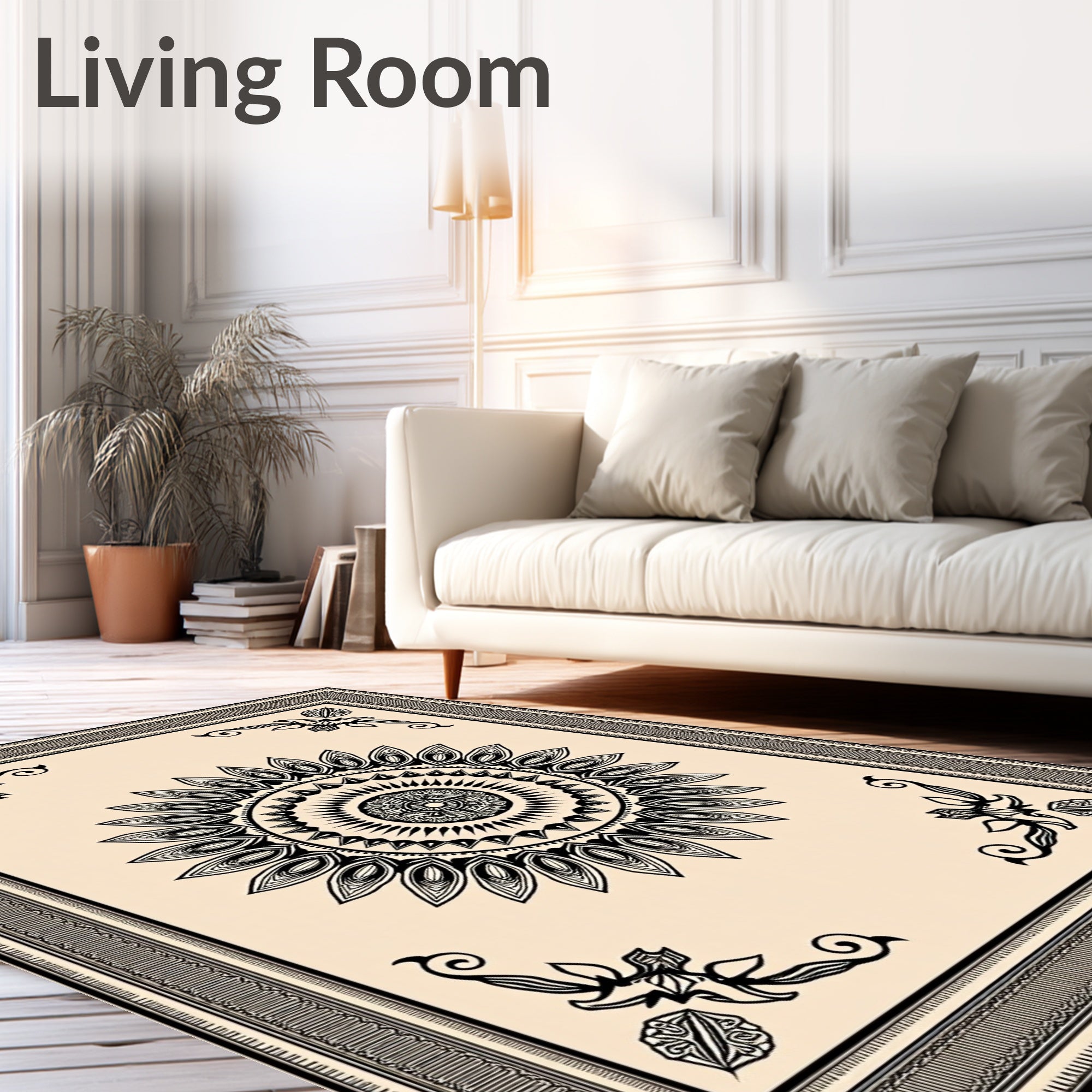 Black Cream Mandala Ornamental Frame Rug