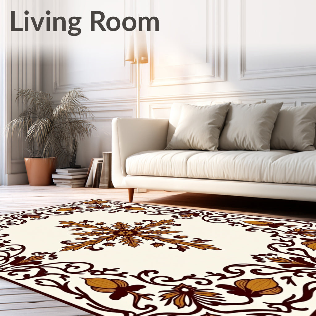 Gold and Brown Floral Scroll Border Rug