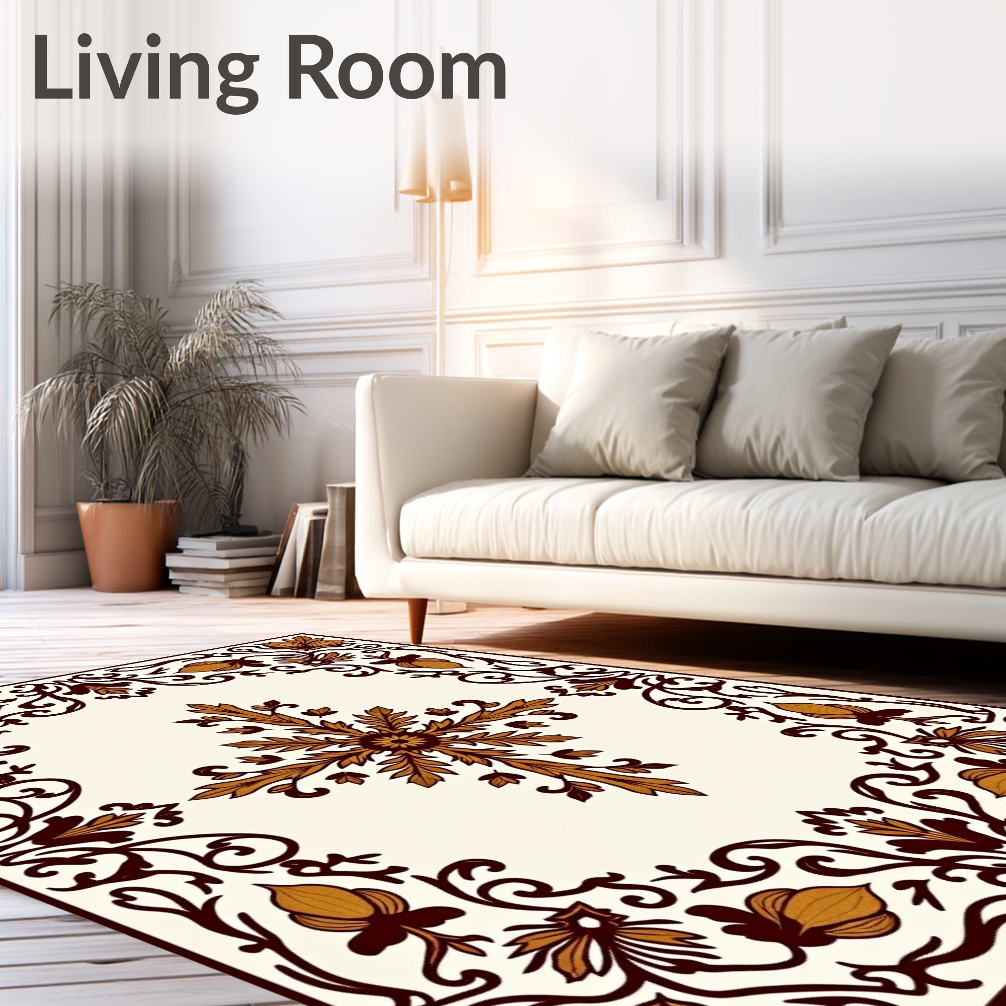 Gold and Brown Floral Scroll Border Rug