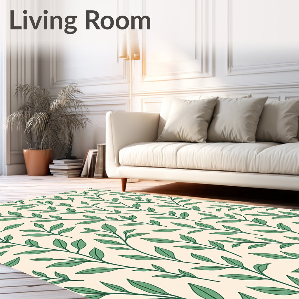 Green Leafy Branches Cream Background Rug