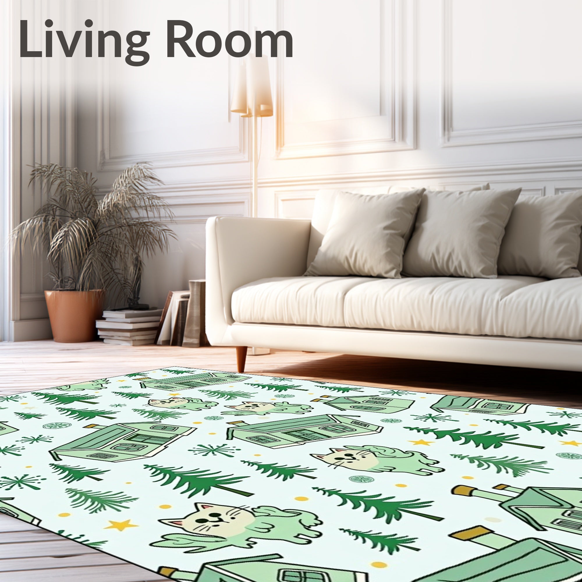 Whimsical Green Houses Flying Cats Woodland Rug