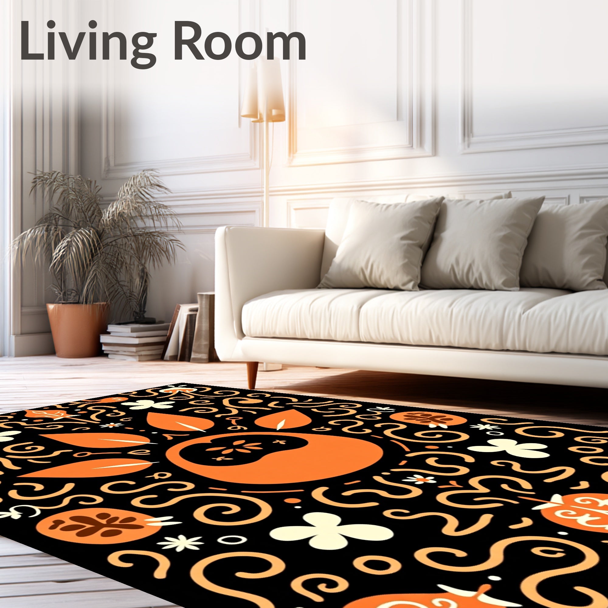 Bold Orange Folk Floral Swirls Rug