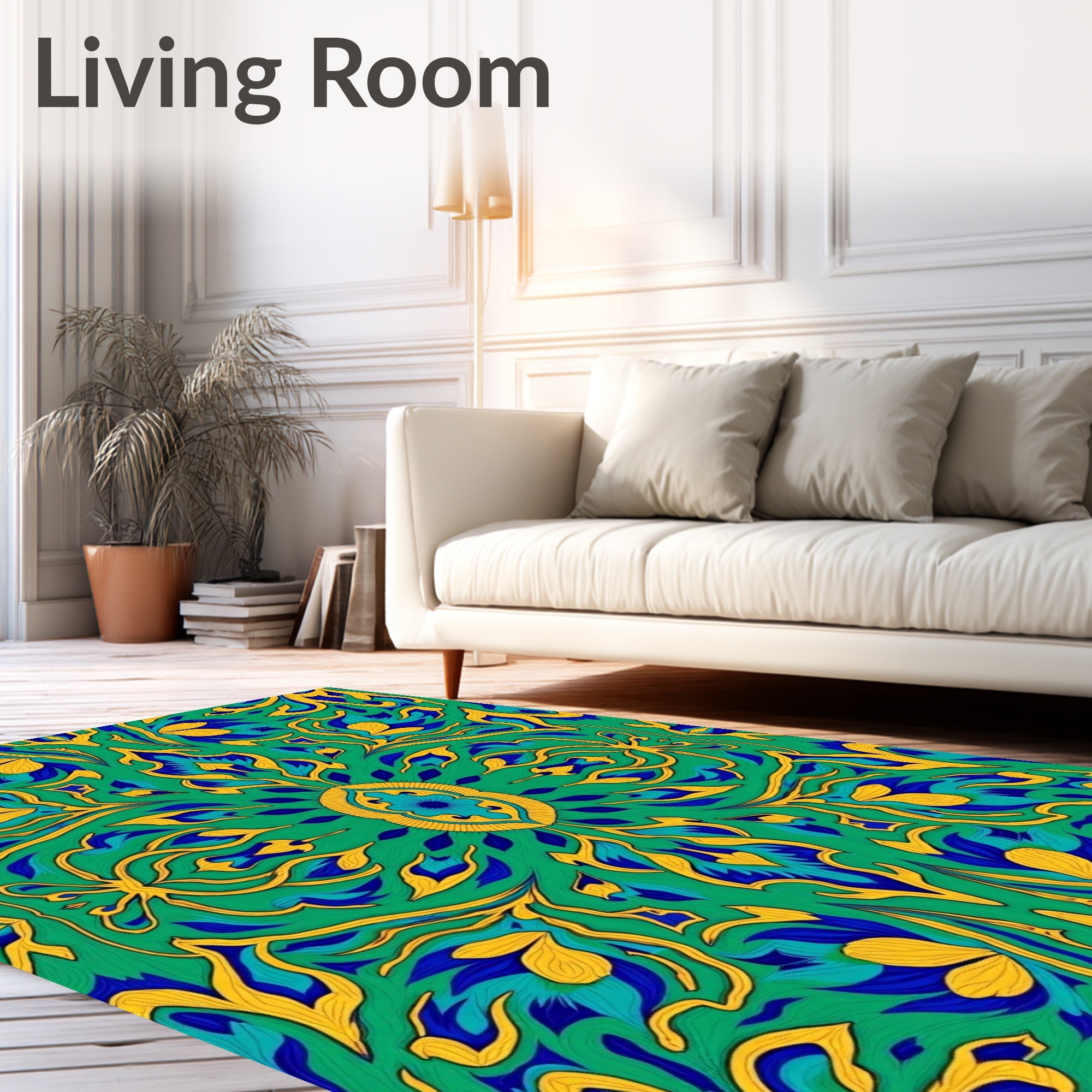 Emerald Blue Yellow Symmetrical Floral Rug