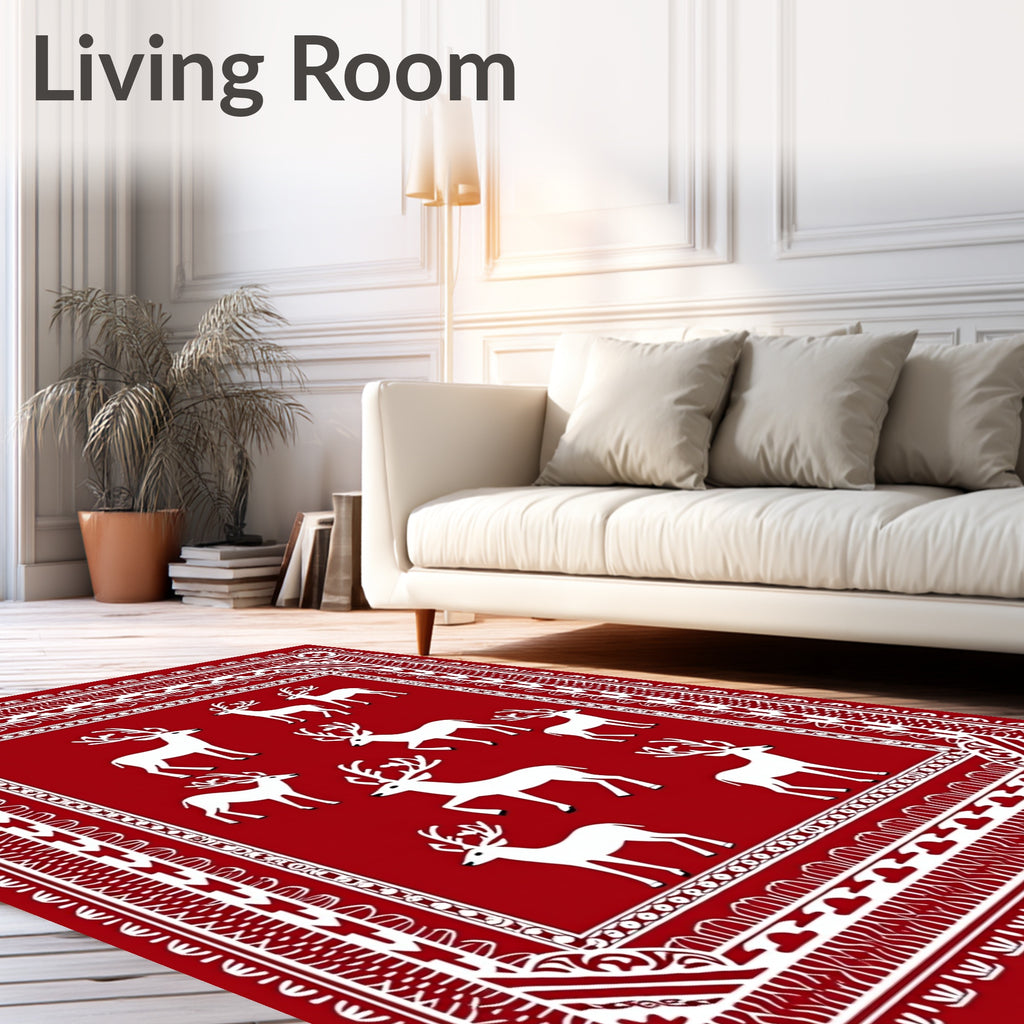 White Reindeer Red Border Rug