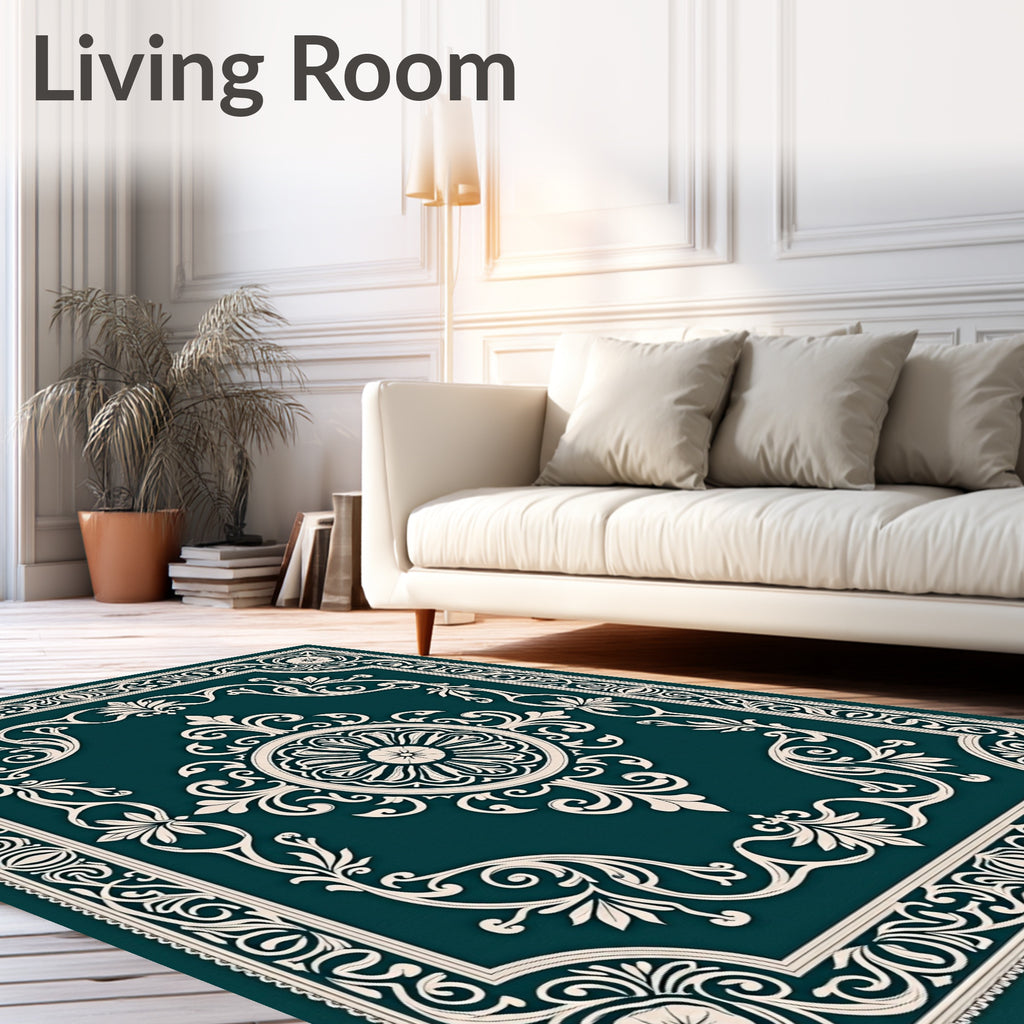 Ornate Teal Floral Medallion Border Rug