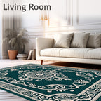 Ornate Teal Floral Medallion Border Rug
