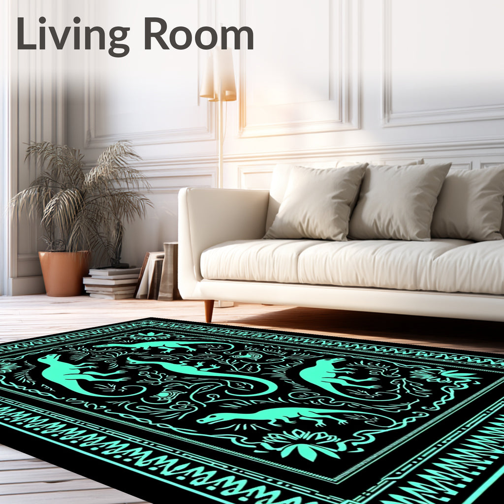 Aqua Dinosaurs Botanical Border Rug