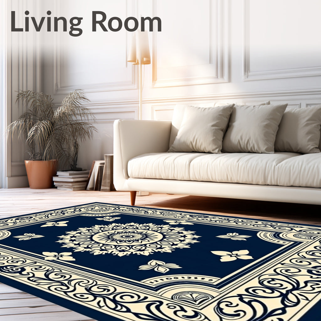 Classic Navy Floral Medallion Border Rug