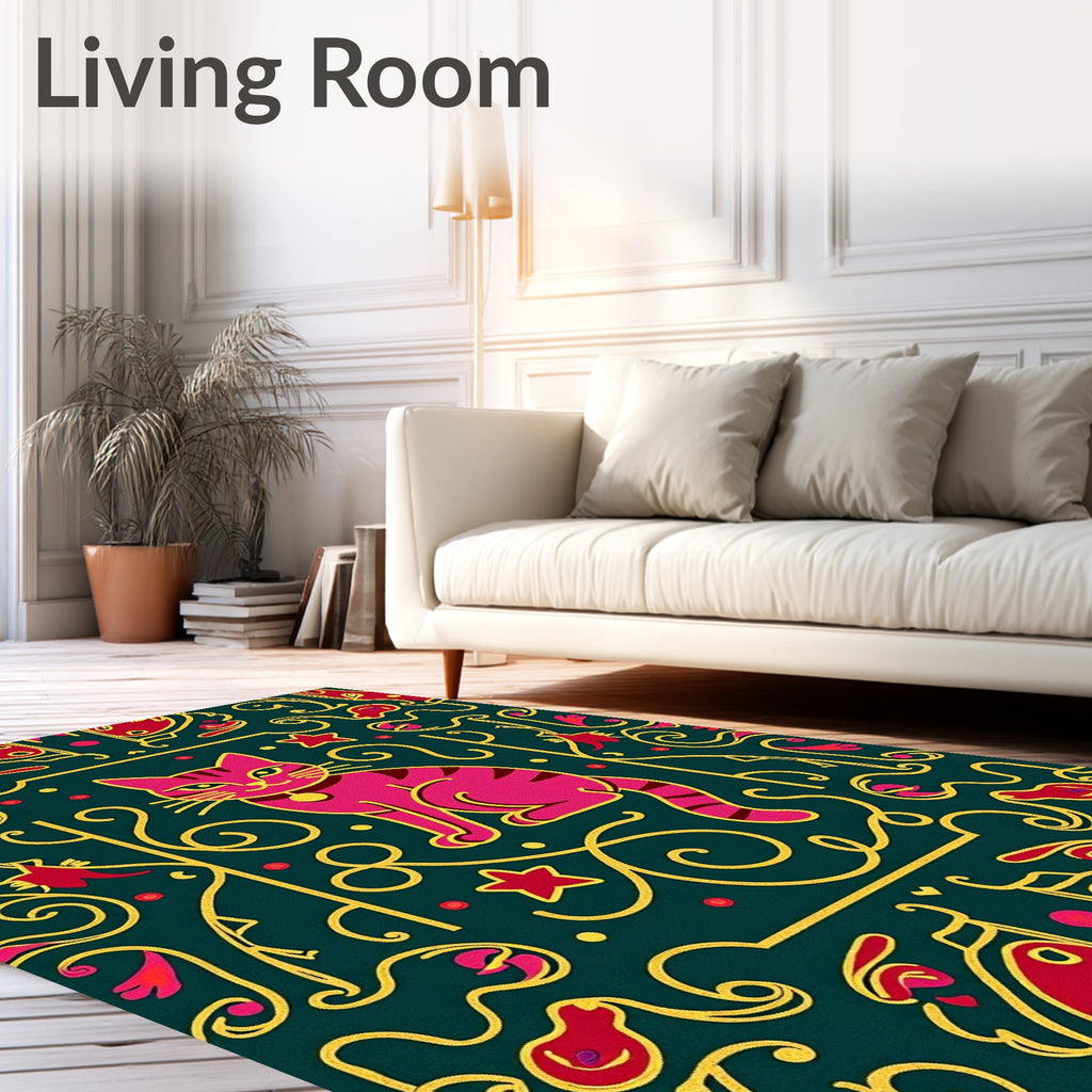 Pink Feline Whimsical Floral Embrace Rug
