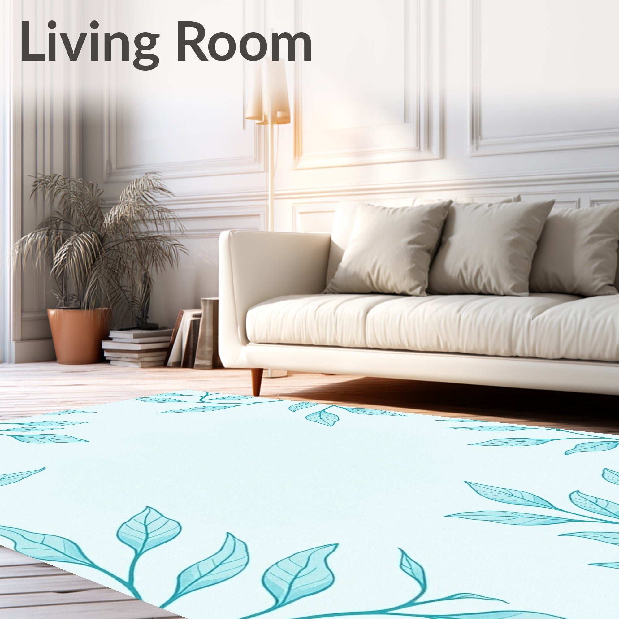Turquoise Botanical Sprigs Border Rug