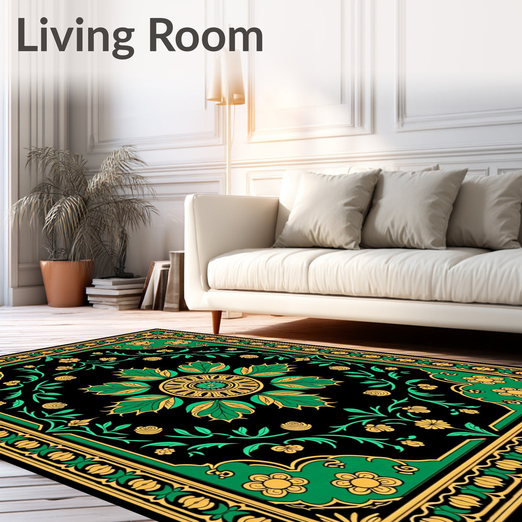 Ornate Emerald Golden Floral Medallion Rug