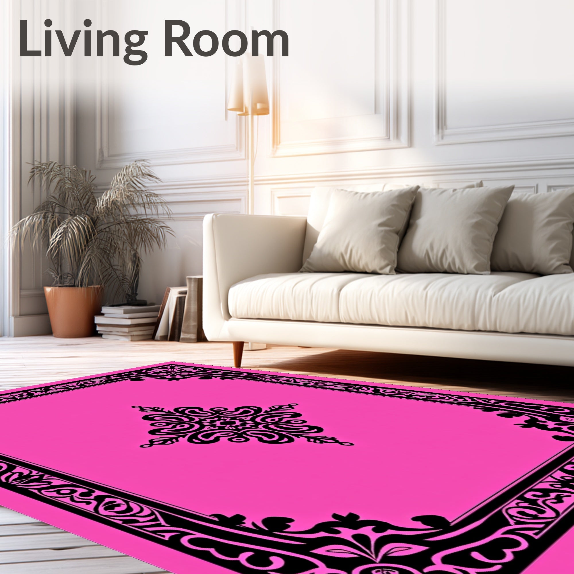Hot Pink Black Arabesque Floral Rug