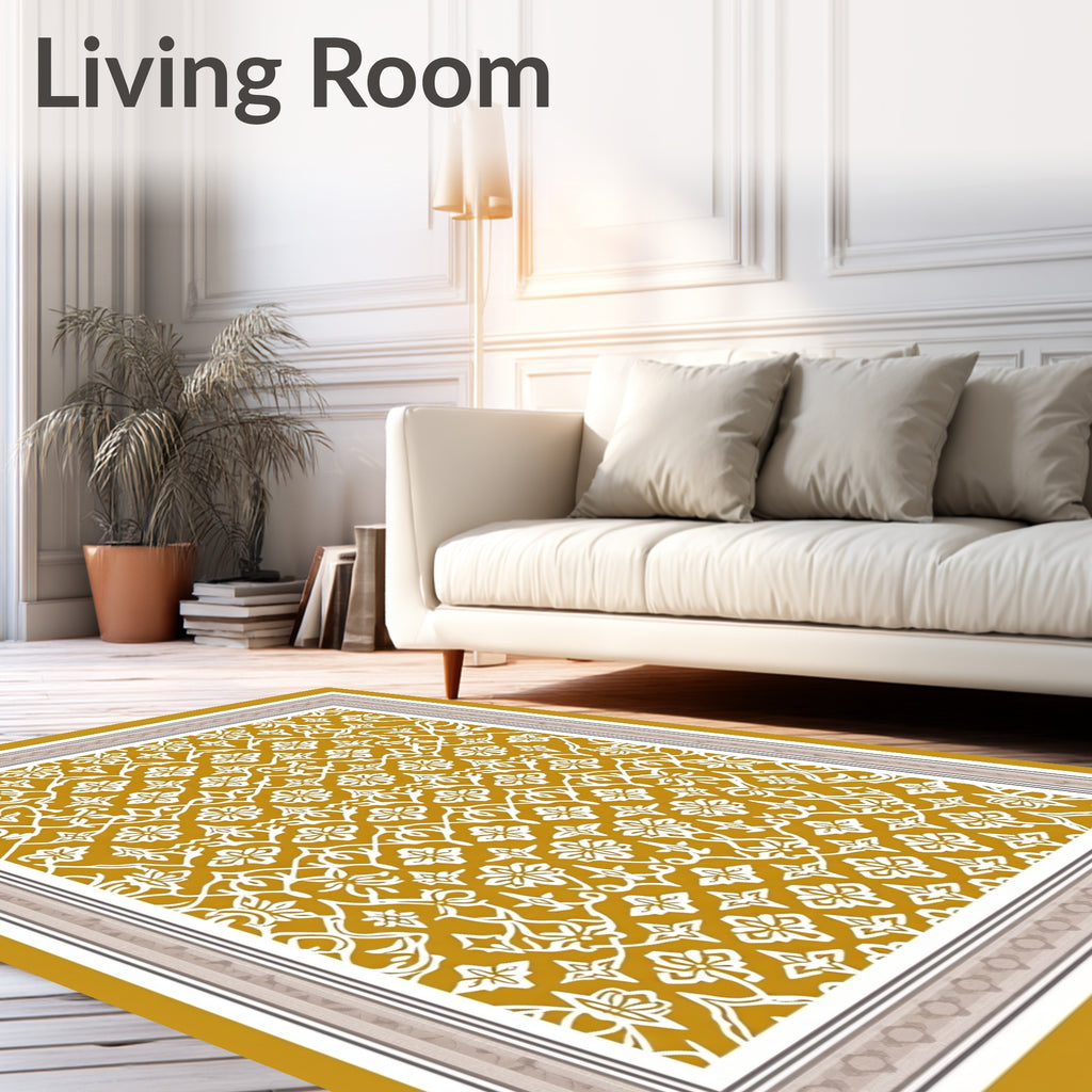 Golden White Floral Lattice Rug