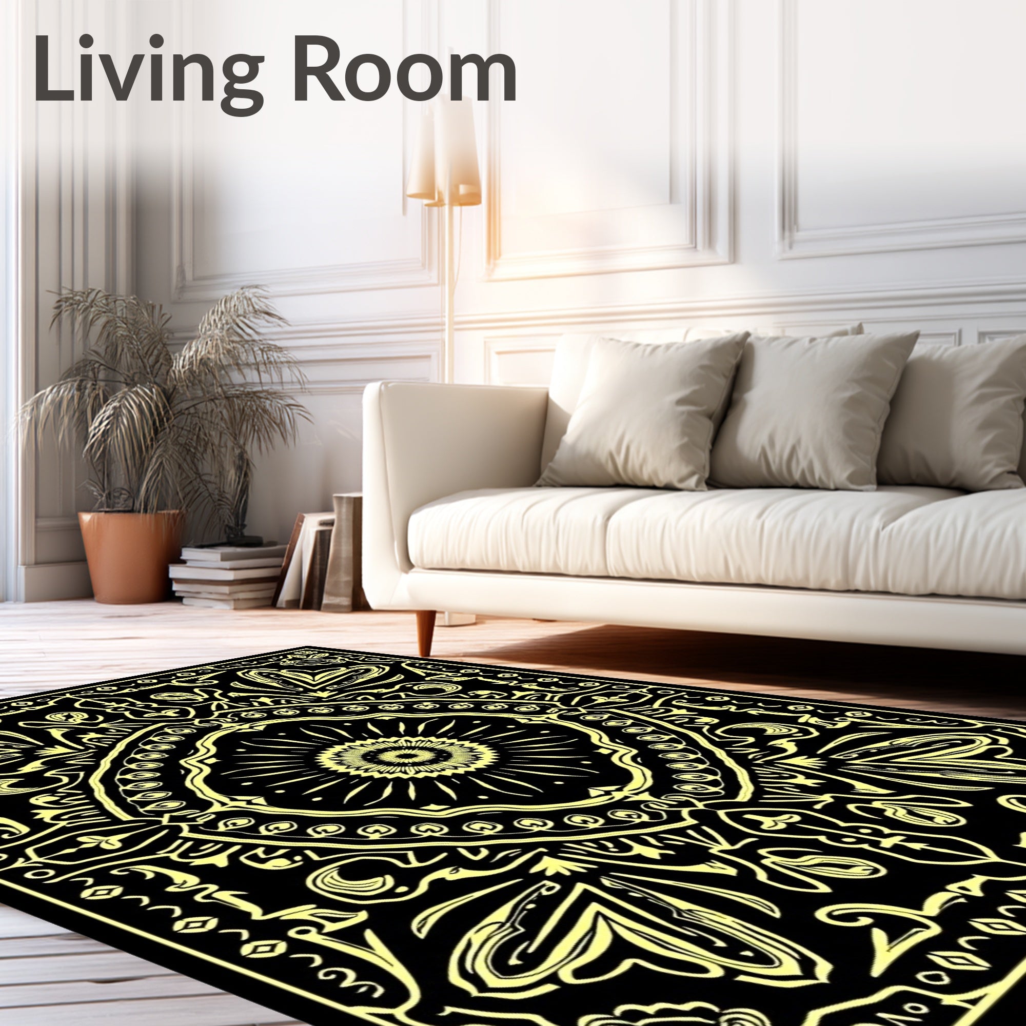 Golden Black Floral Symmetry Rug