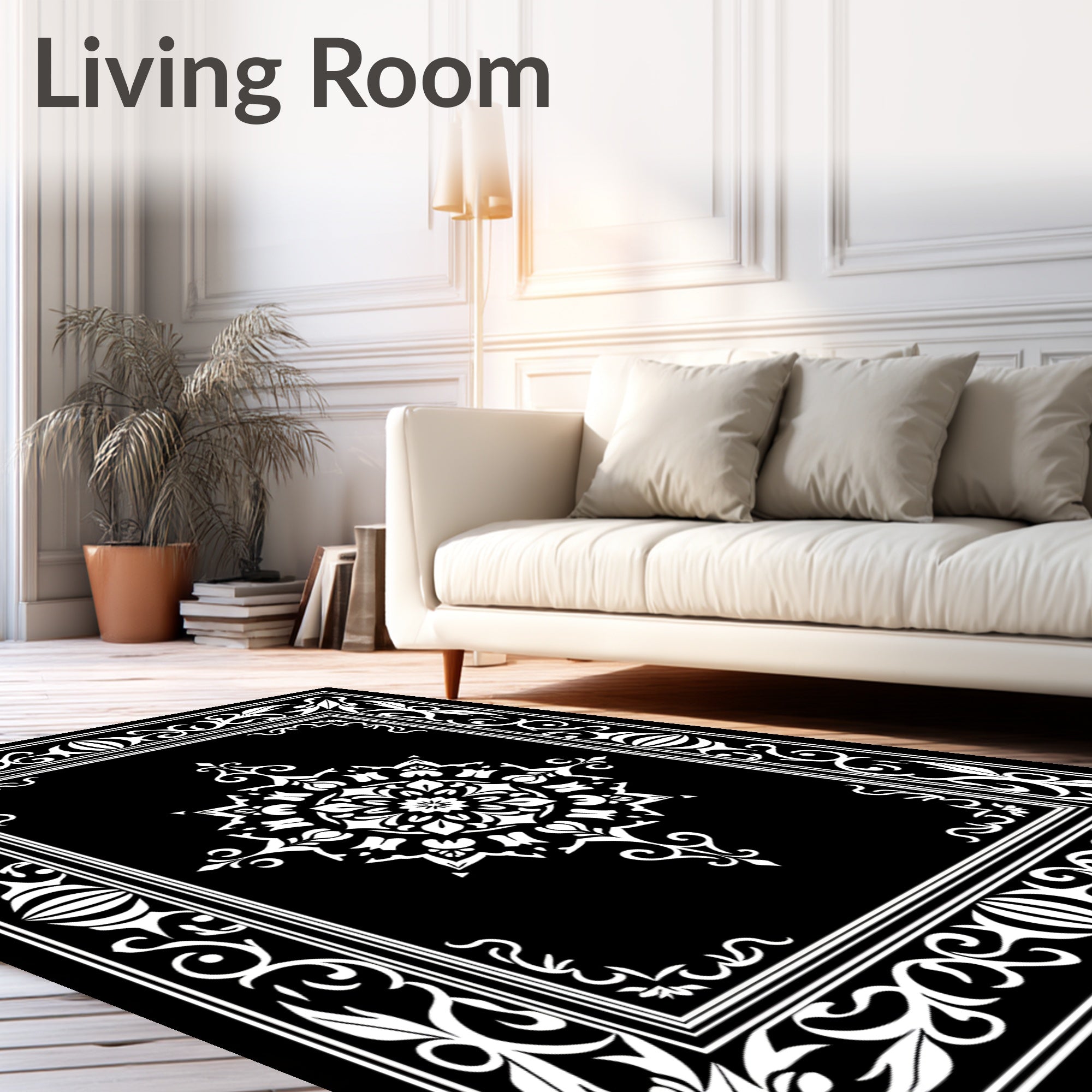 Elegant White Mandala Black Frame Rug