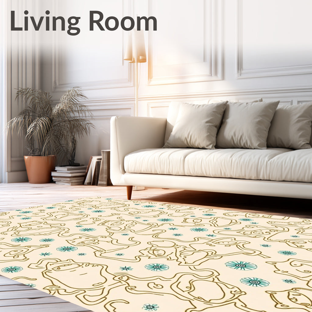 Whimsical Golden Creatures Teal Flowers Rug
