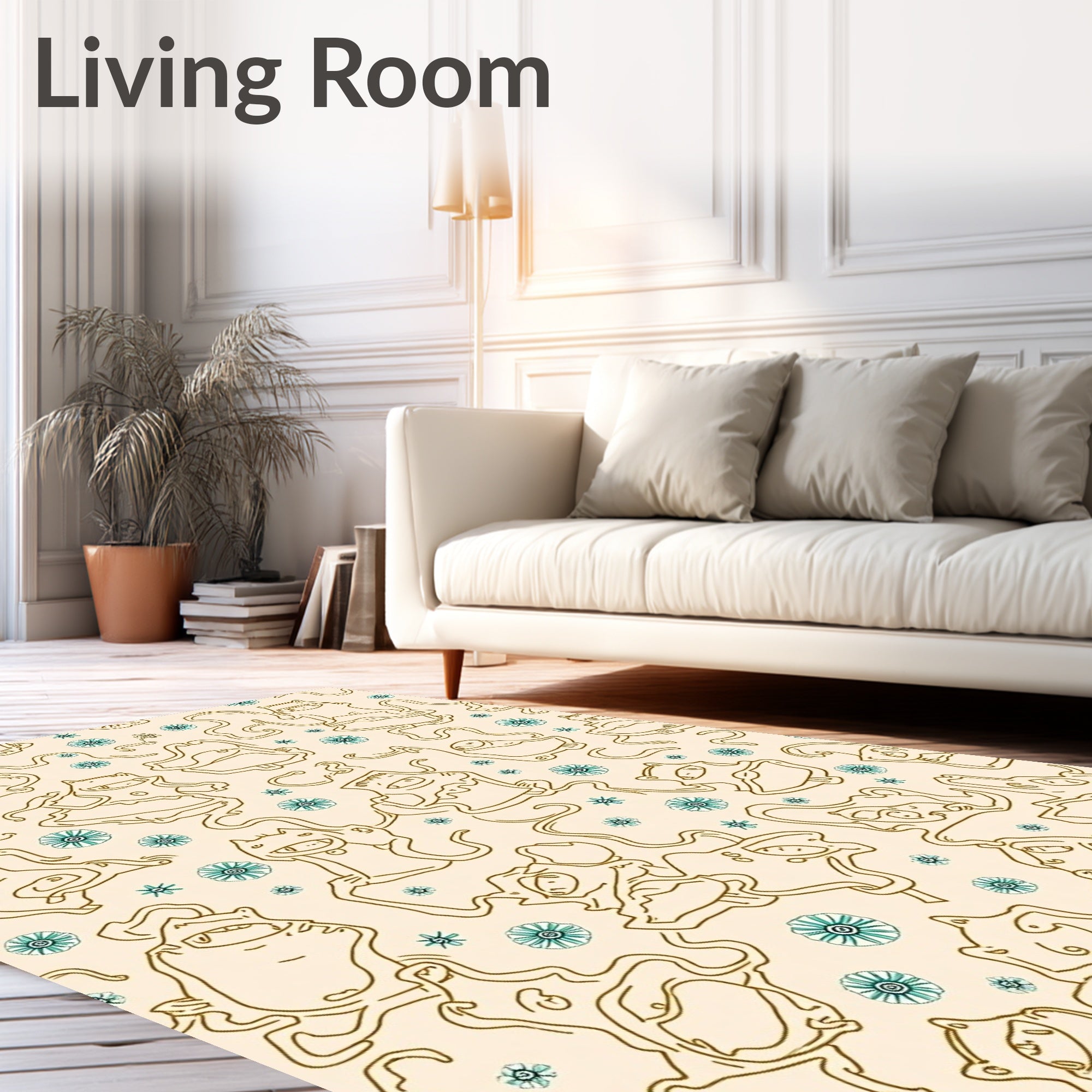 Whimsical Golden Creatures Teal Flowers Rug