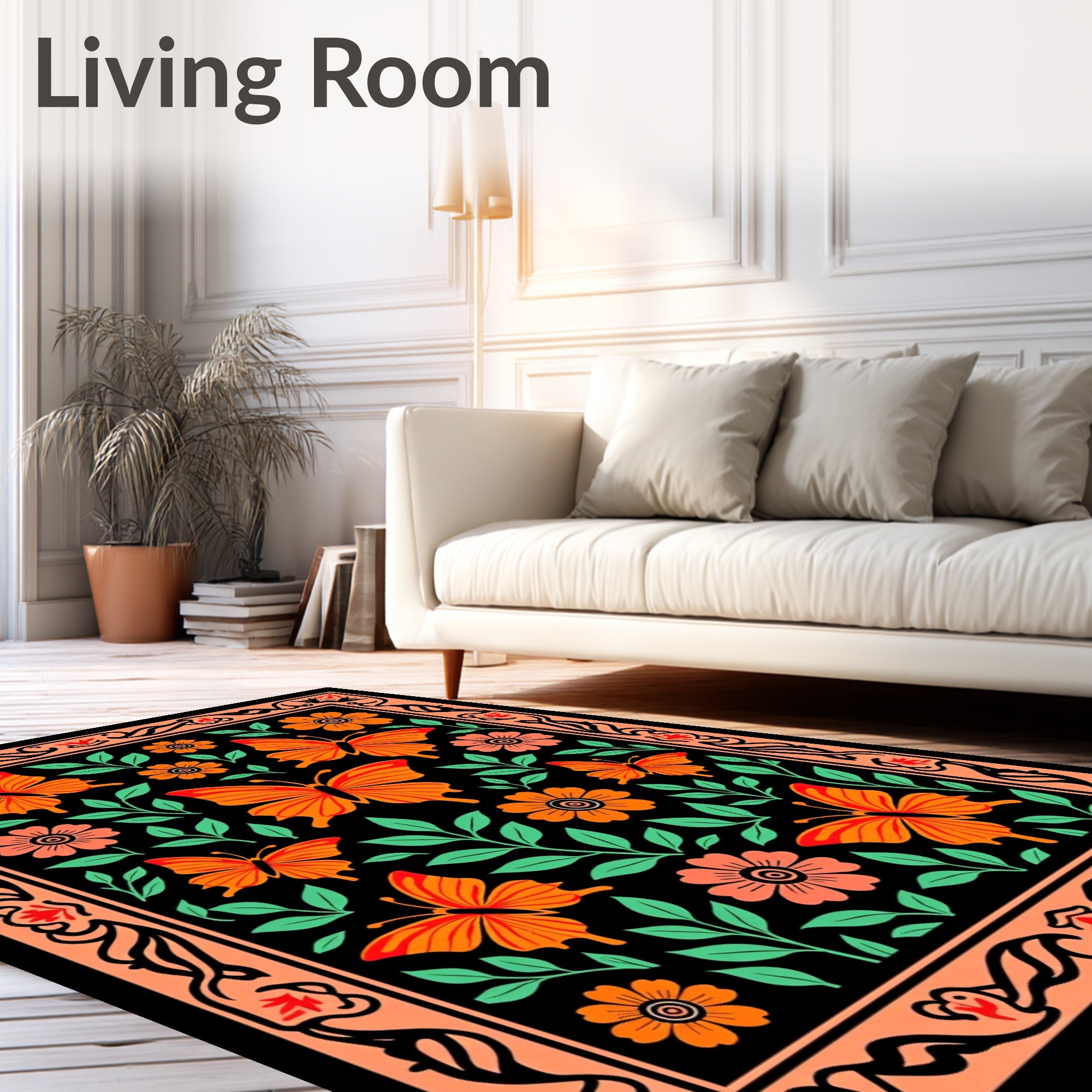 Vibrant Orange Butterfly Floral Border Rug