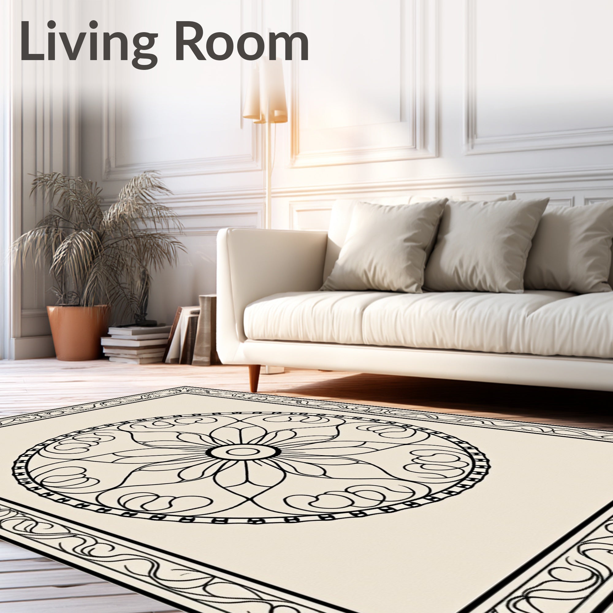 Monochromatic Floral Mandala Frame Rug