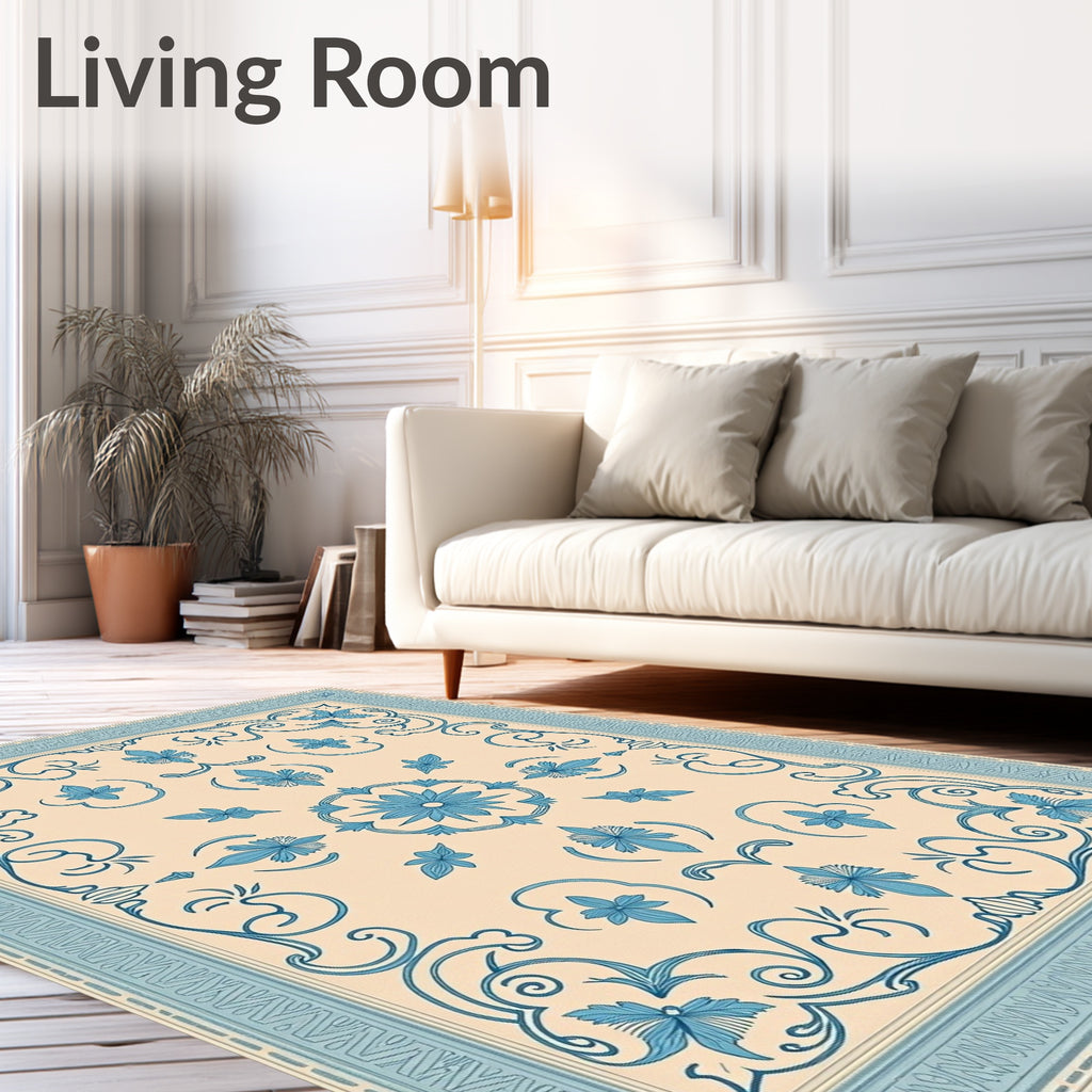 Pale Blue Floral Medallion Border Rug