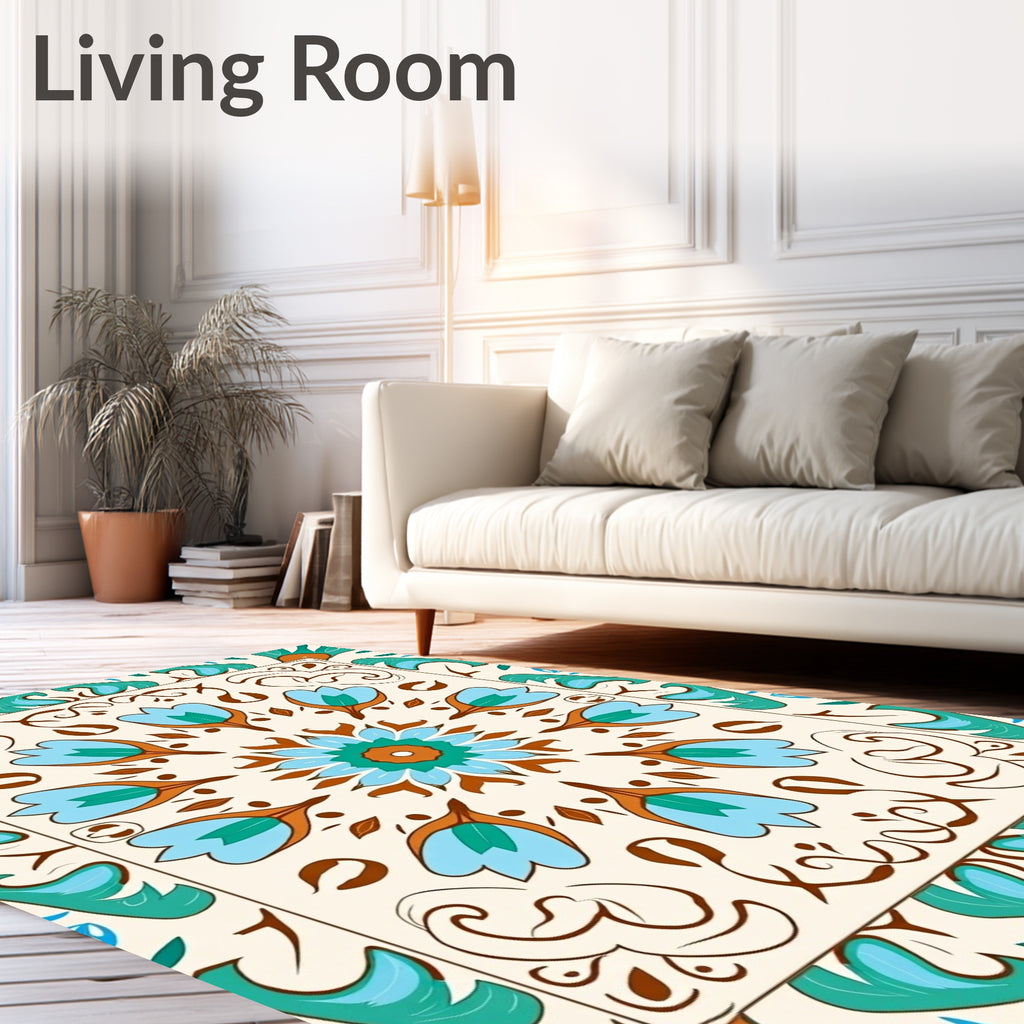 Cream Teal Coral Floral Medallion Rug
