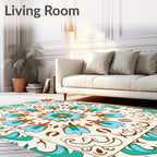 Cream Teal Coral Floral Medallion Rug