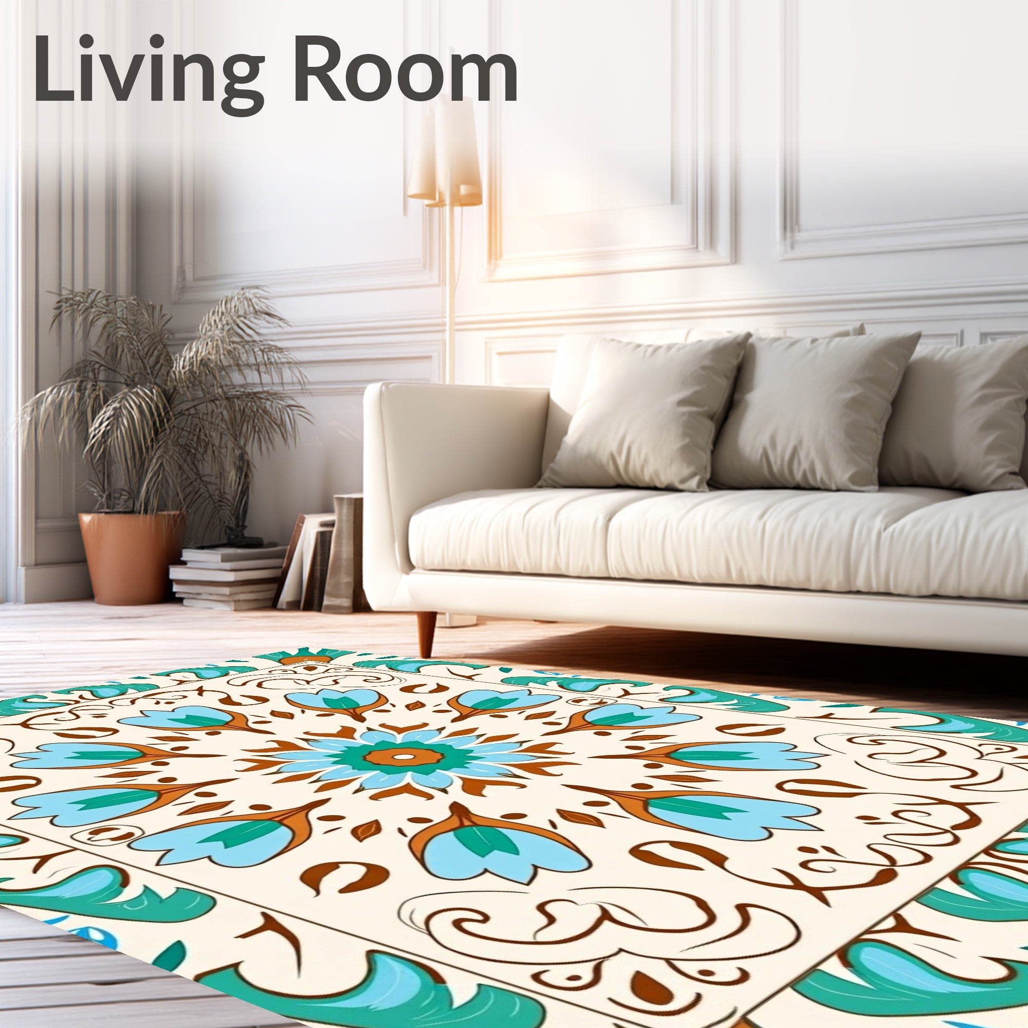 Cream Teal Coral Floral Medallion Rug