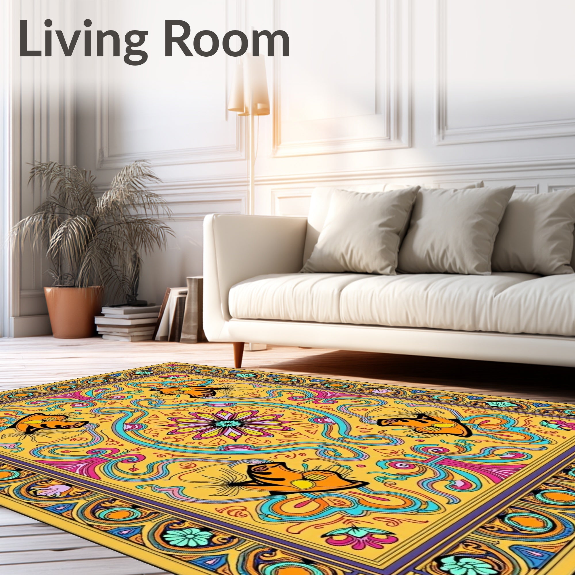 Vibrant Golden Fish Floral Medallion Rug