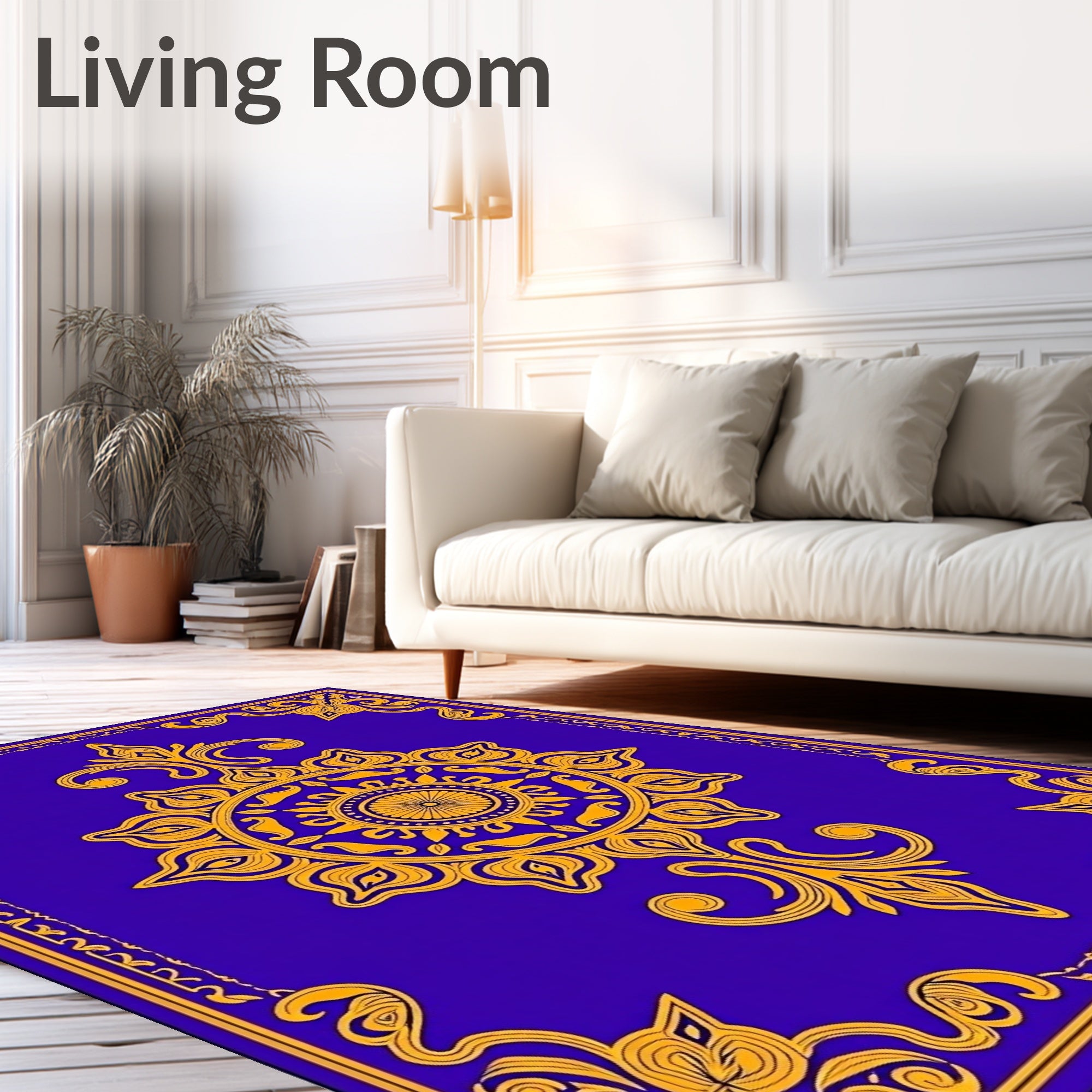 Royal Blue Golden Floral Medallion Rug