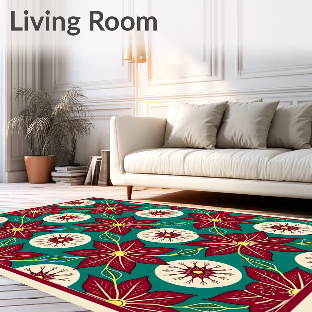 Crimson Poinsettia Teal Floral Medallion Rug