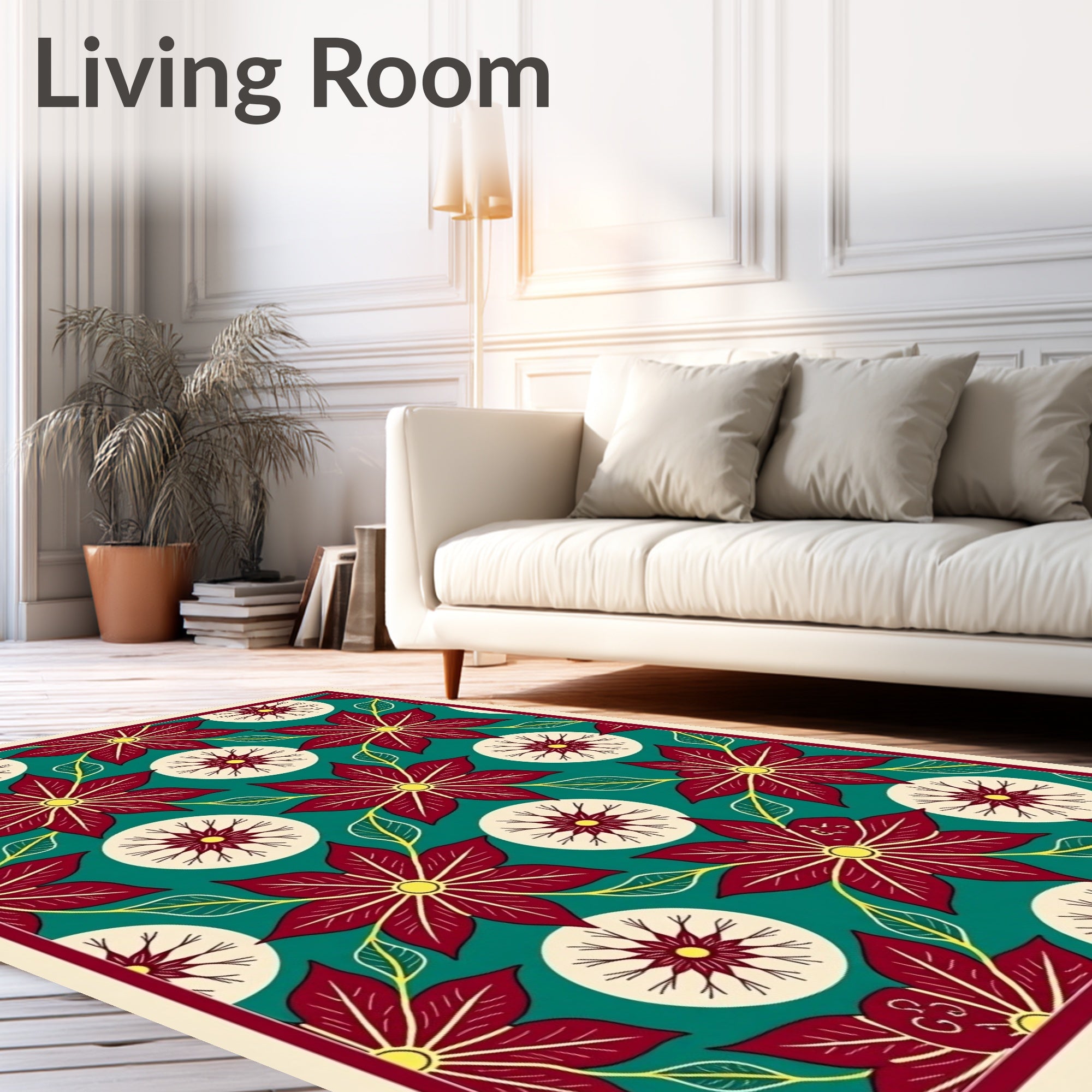Crimson Poinsettia Teal Floral Medallion Rug