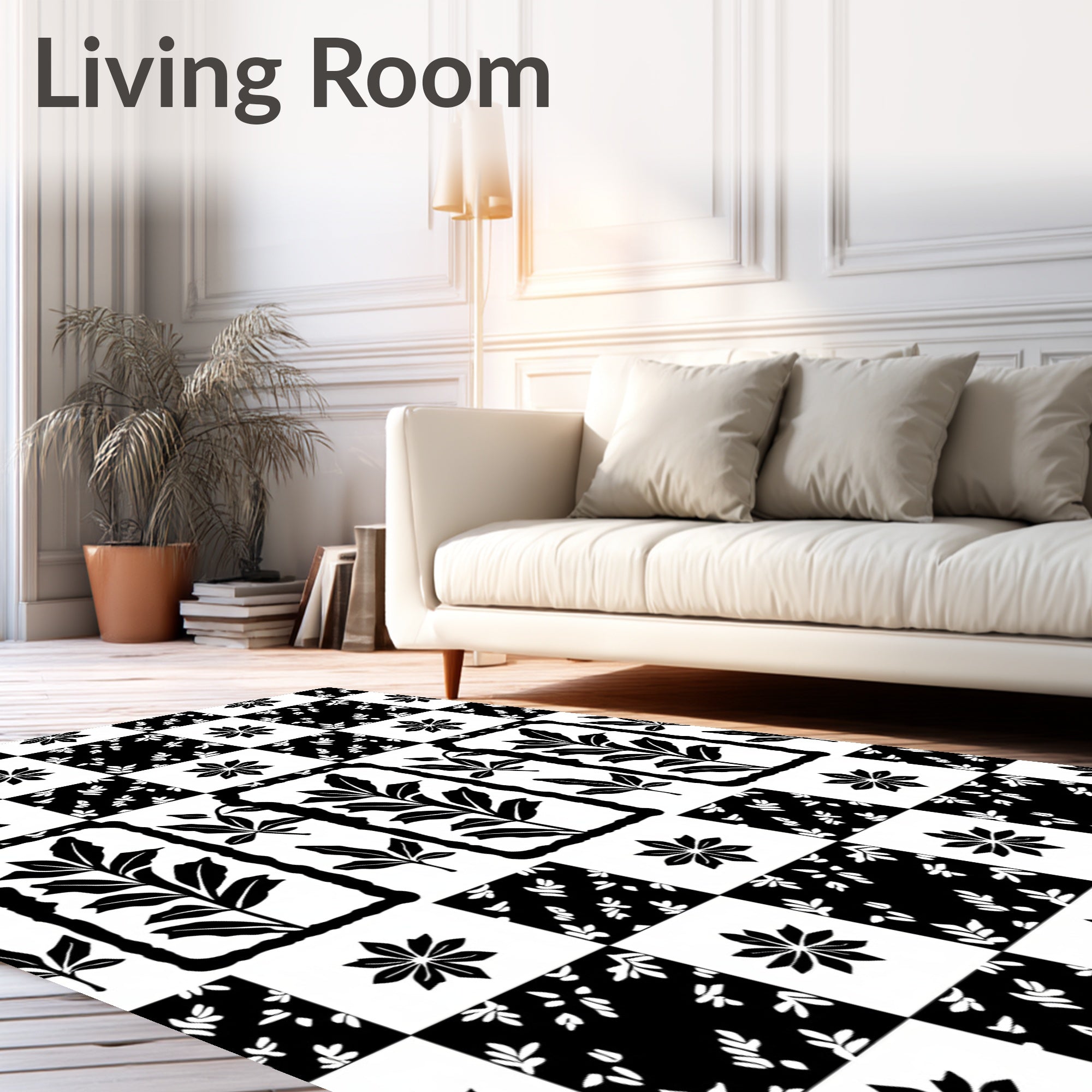 Monochrome Checkerboard Leaf And Flower Rug