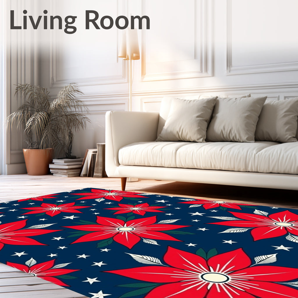 Red Poinsettia Stars Navy Rug