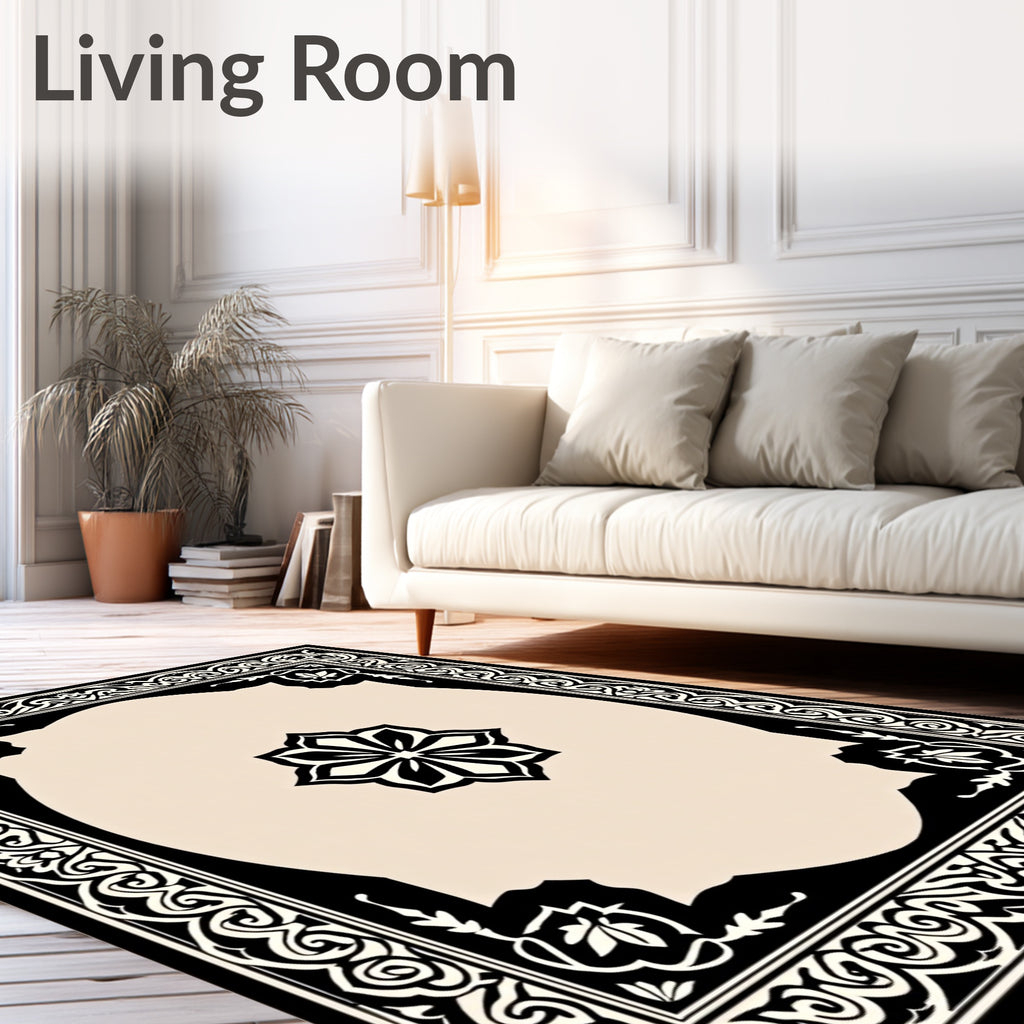 Black Ivory Floral Crested Frame Rug