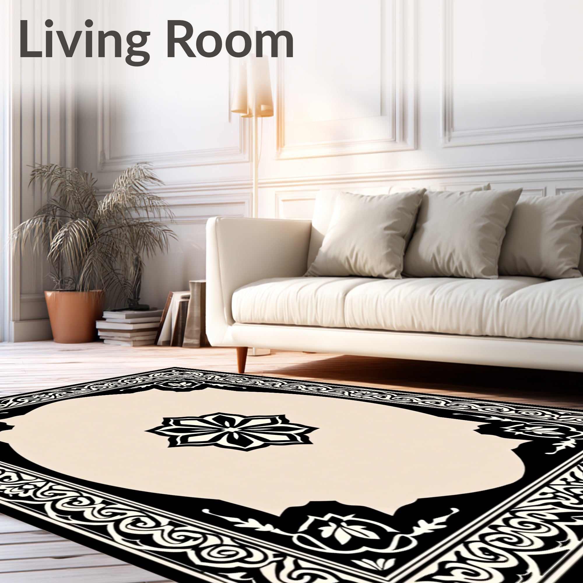 Black Ivory Floral Crested Frame Rug
