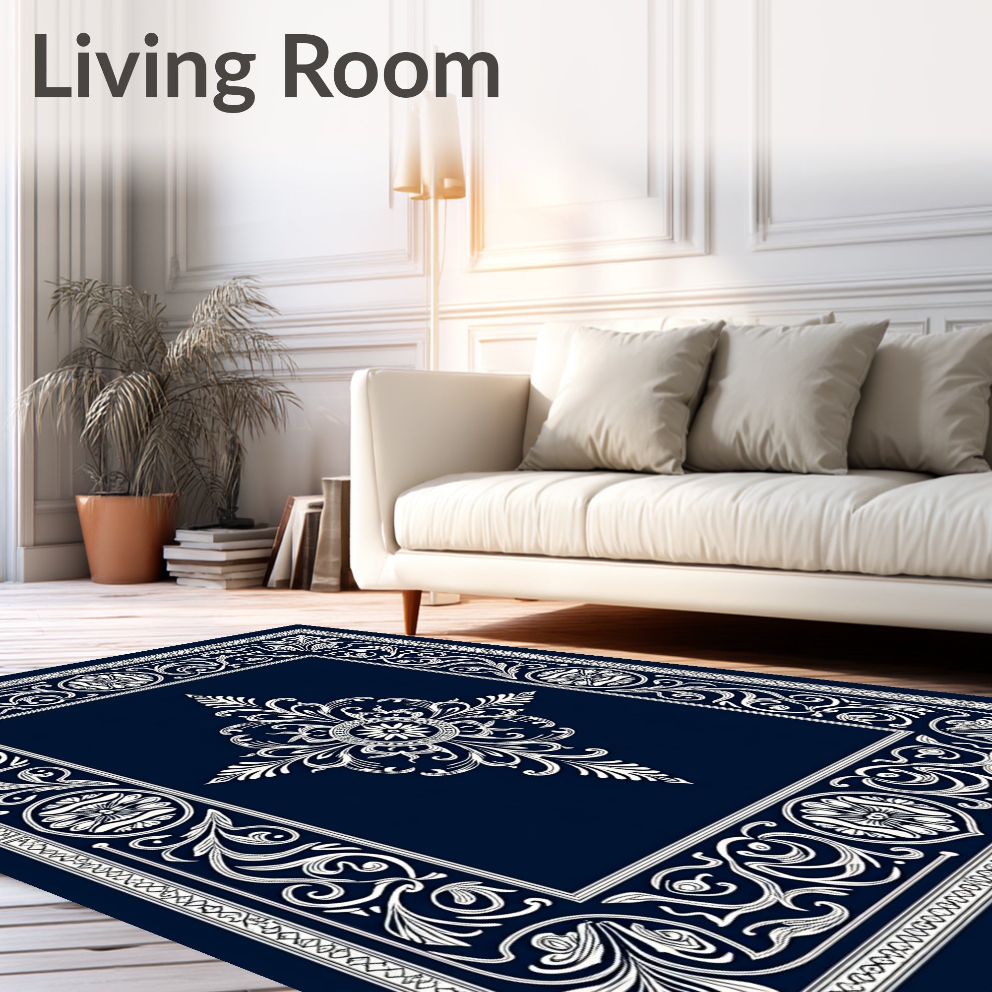Navy White Intricate Floral Medallion Rug