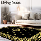 Elegant Black Golden Floral Border Rug