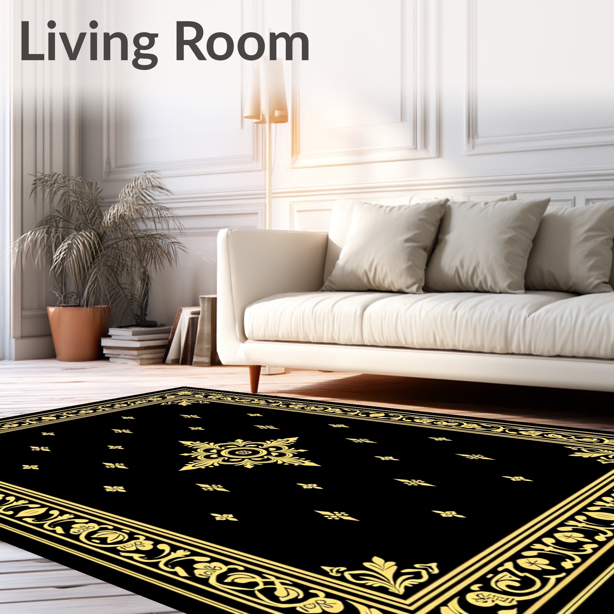 Elegant Black Golden Floral Border Rug