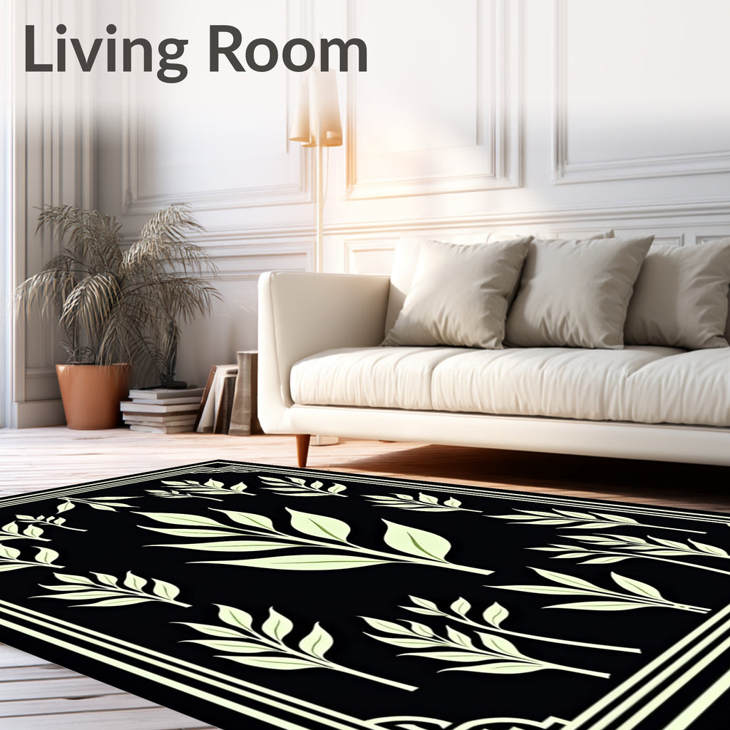 Pale Green Leafy Branches Black Background Rug