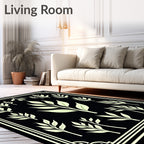 Pale Green Leafy Branches Black Background Rug