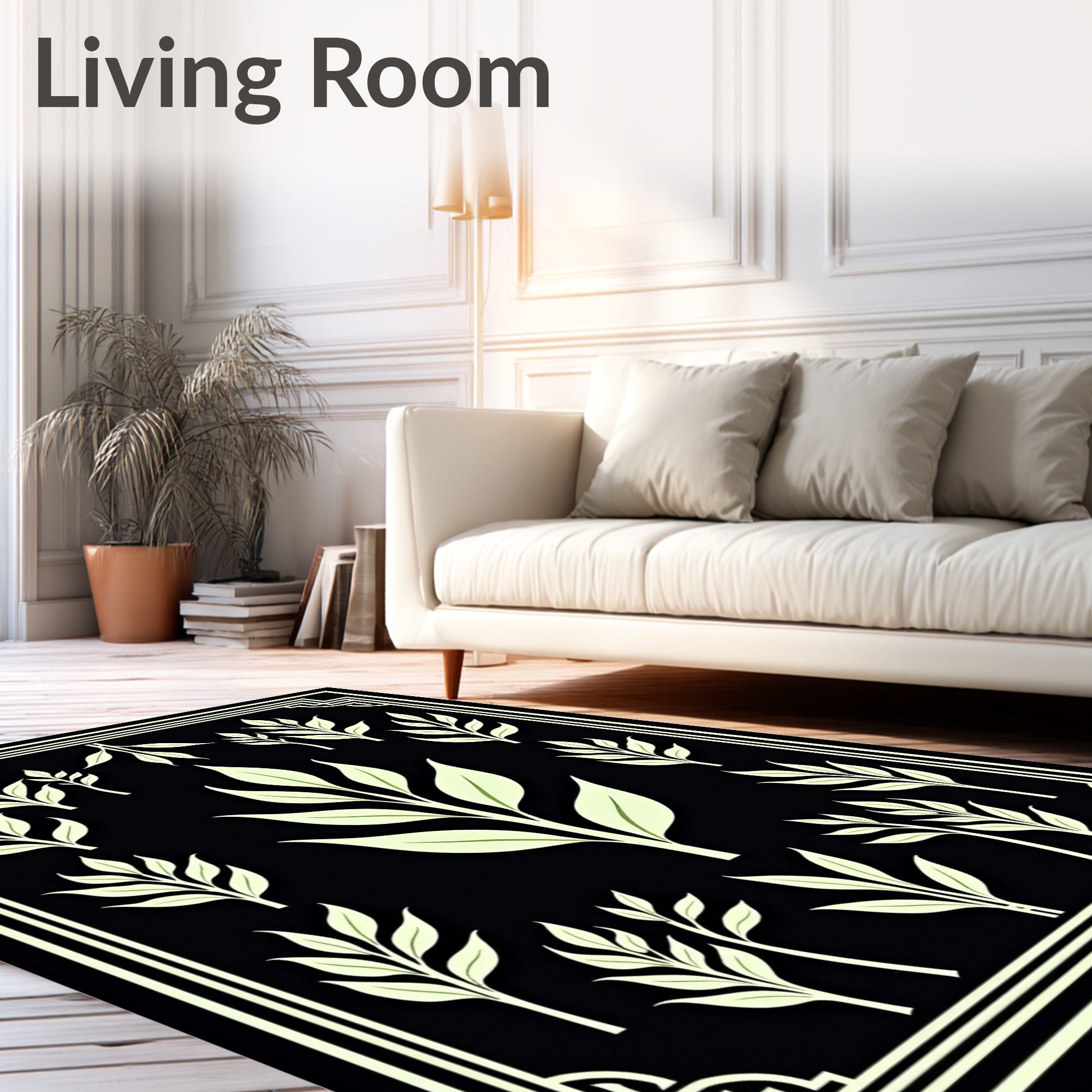 Pale Green Leafy Branches Black Background Rug