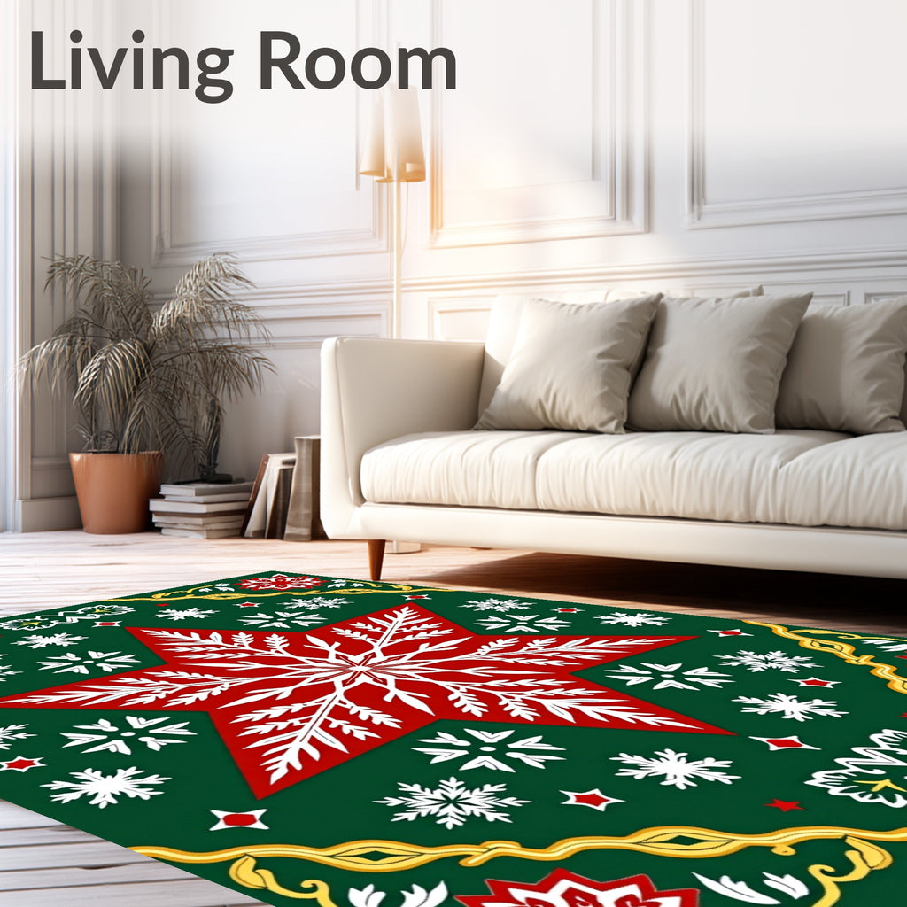 Festive Red White Snowflake Star Jewel Tones Rug