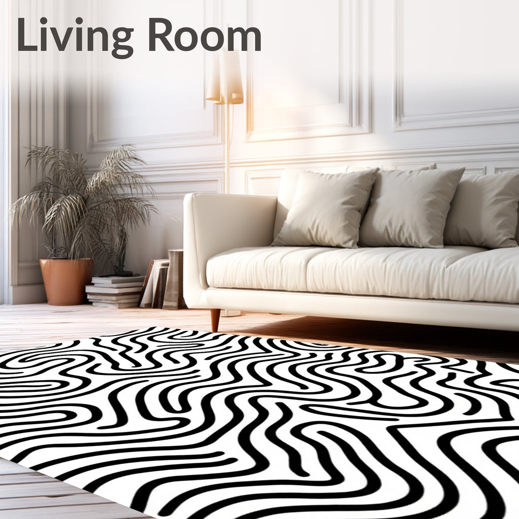 Black White Abstract Wavy Lines Rug