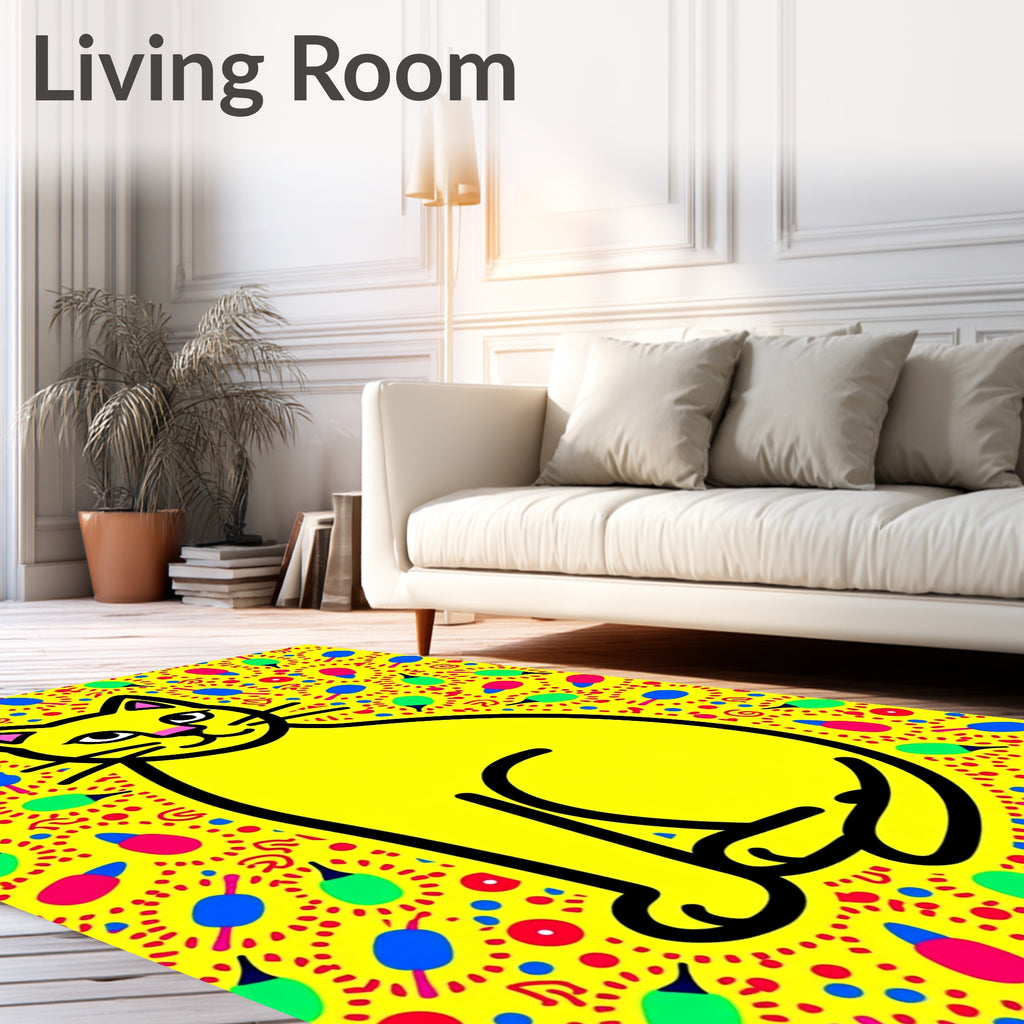 Vibrant Yellow Cat Abstract Fun Rug