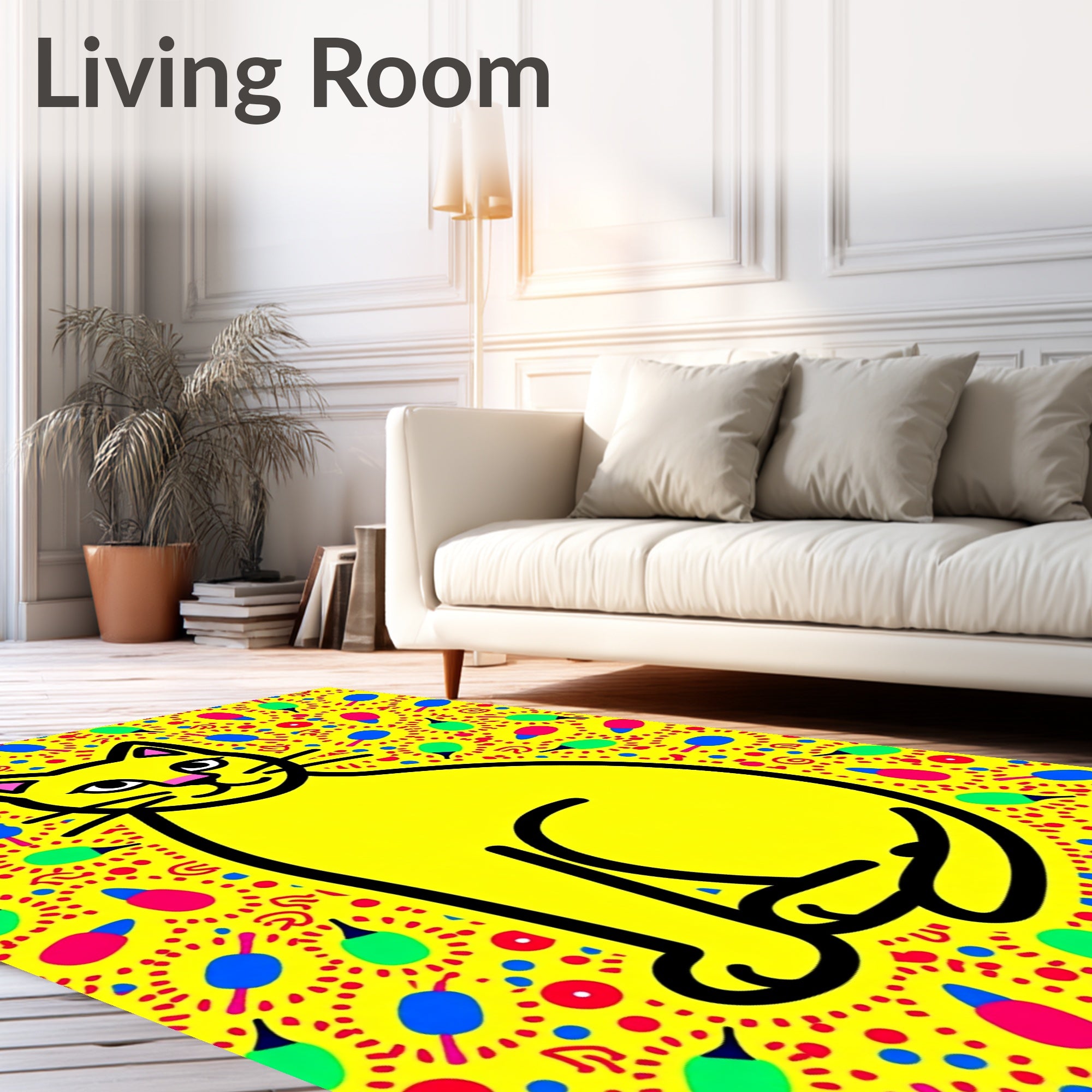 Vibrant Yellow Cat Abstract Fun Rug